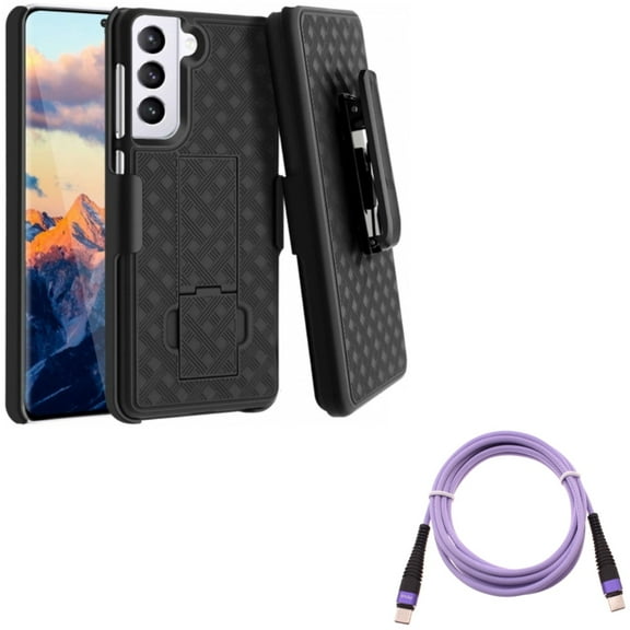 Case Belt Clip w Purple 6ft PD Cable for Samsung Galaxy S21 - Holster Swivel Cover, Type-C to USB-C Long Charger Cord Power