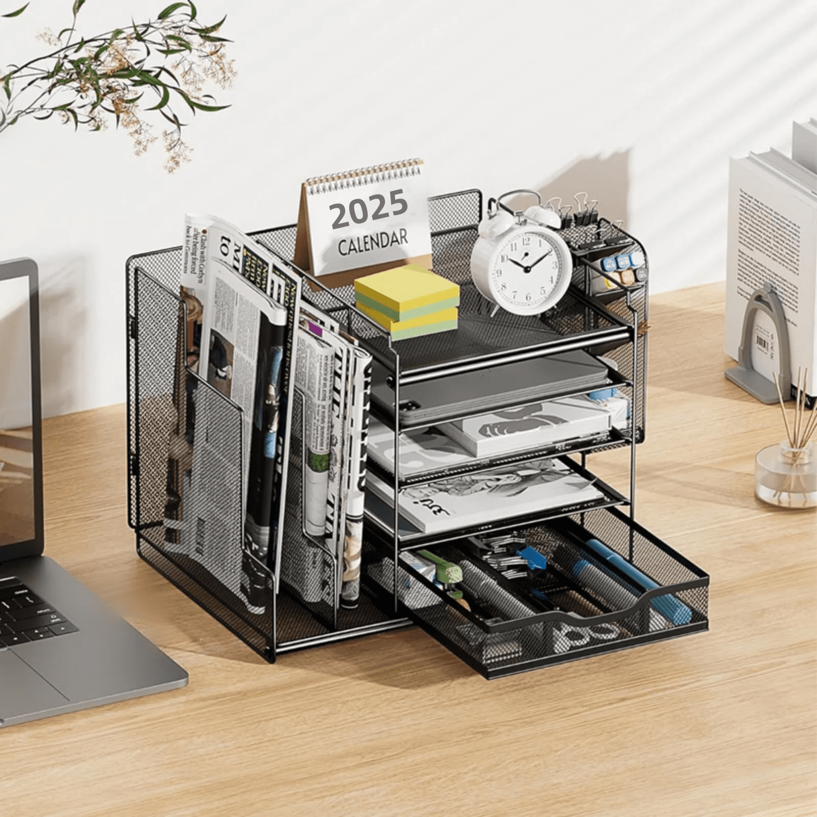 Desk Organizer with Drawer, 4-Tier Mesh Desk File Organizer with 2 Vertical File Holders and Pen Holders, Multifunction Desktop Organizer（New upgrade）
