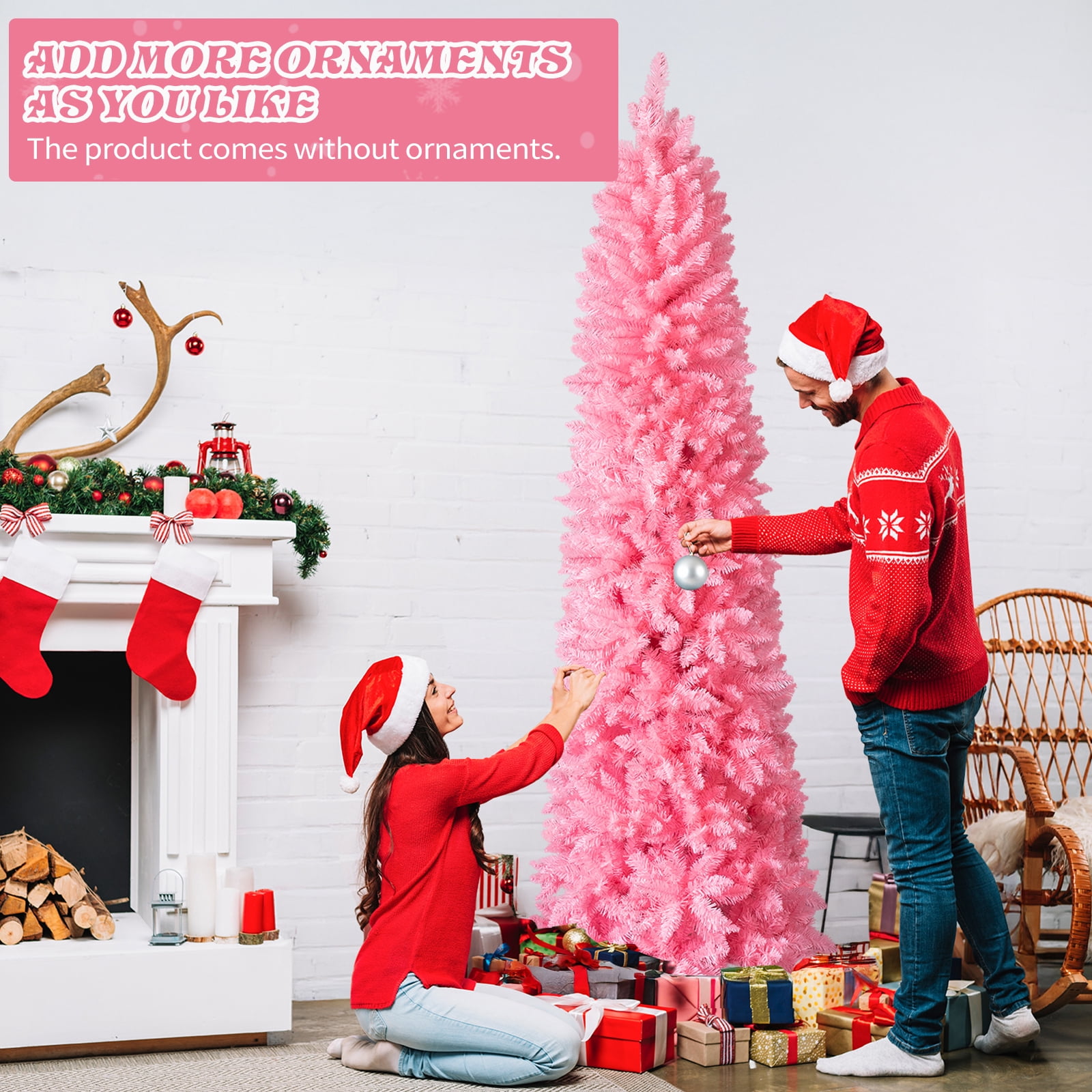 Astoutdoor 7.5 ft Hinged Artificial Pencil Christmas Tree, Snowy Pink, 1075 Branch Tips, Unlit, with Sturdy Stand