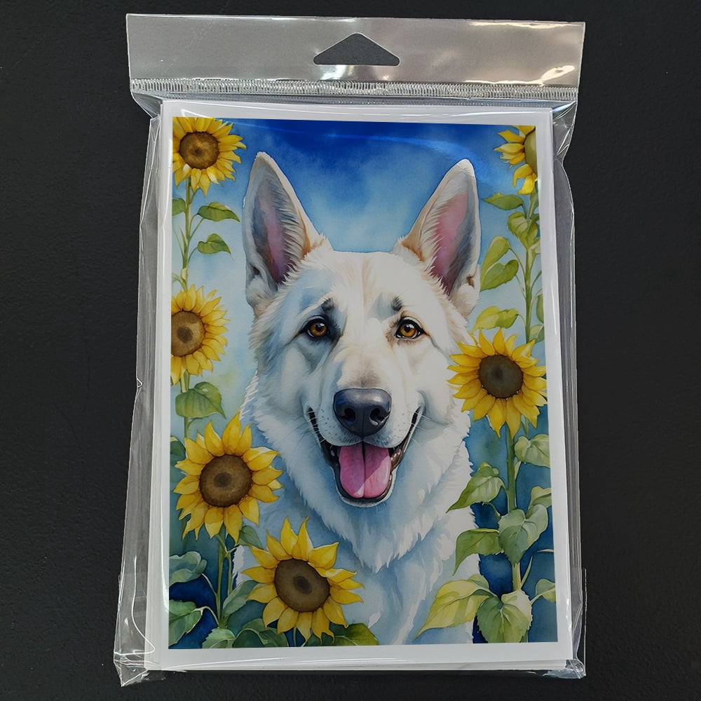 White German Shepherd in Sunflowers Greeting Cards Pack of 8 7 in x 5 in