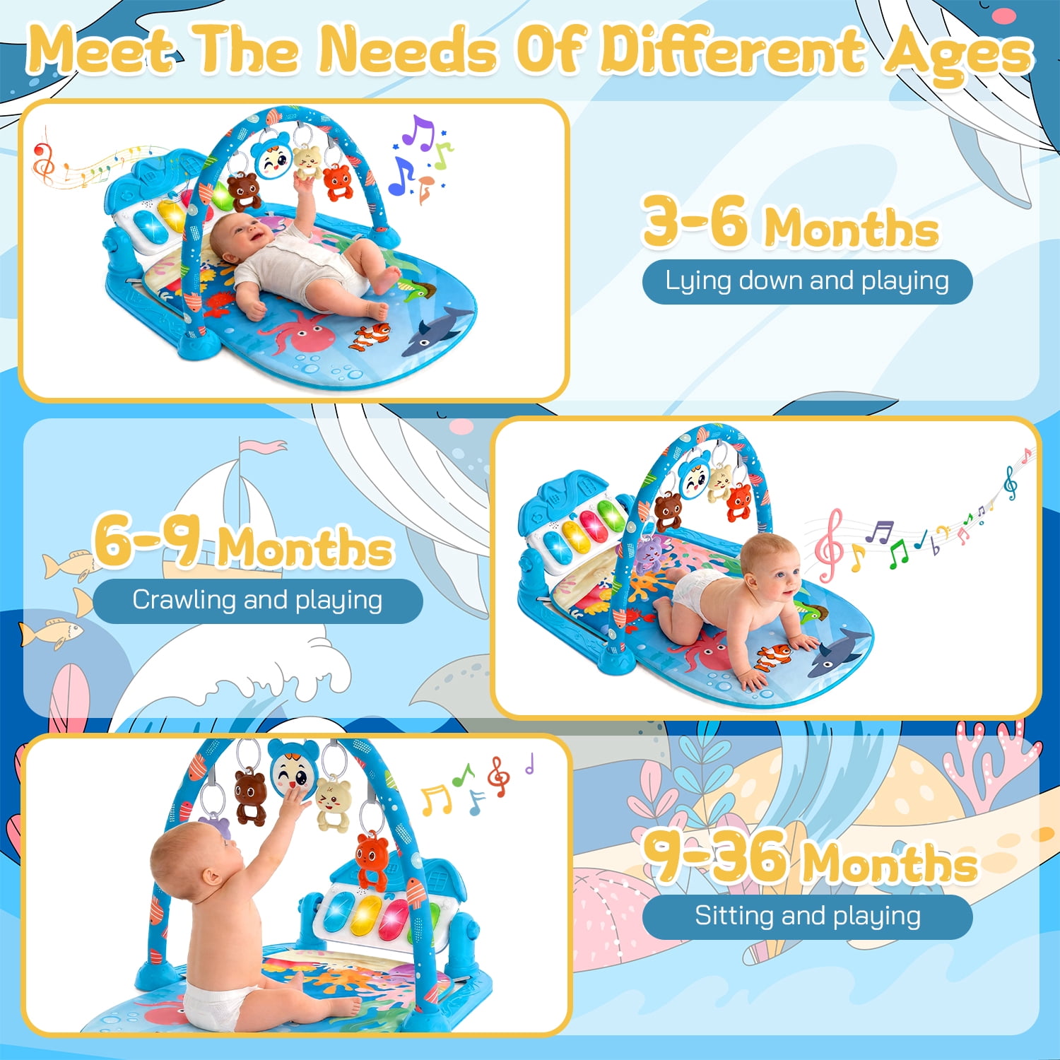 Caunedy 2 in 1 Baby Gym Playmat with Music,5 Sensory Montessori Toys & Tummy Time Mirror,Newborn Gift for Infants 0-12 Months