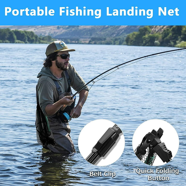 SAN LIKE Fishing Net, Folded Landing Nets with Telescopic Rod Durable  Rubber Coated Net Fly Fishing Net Easy to Catch and Release Saltwater and