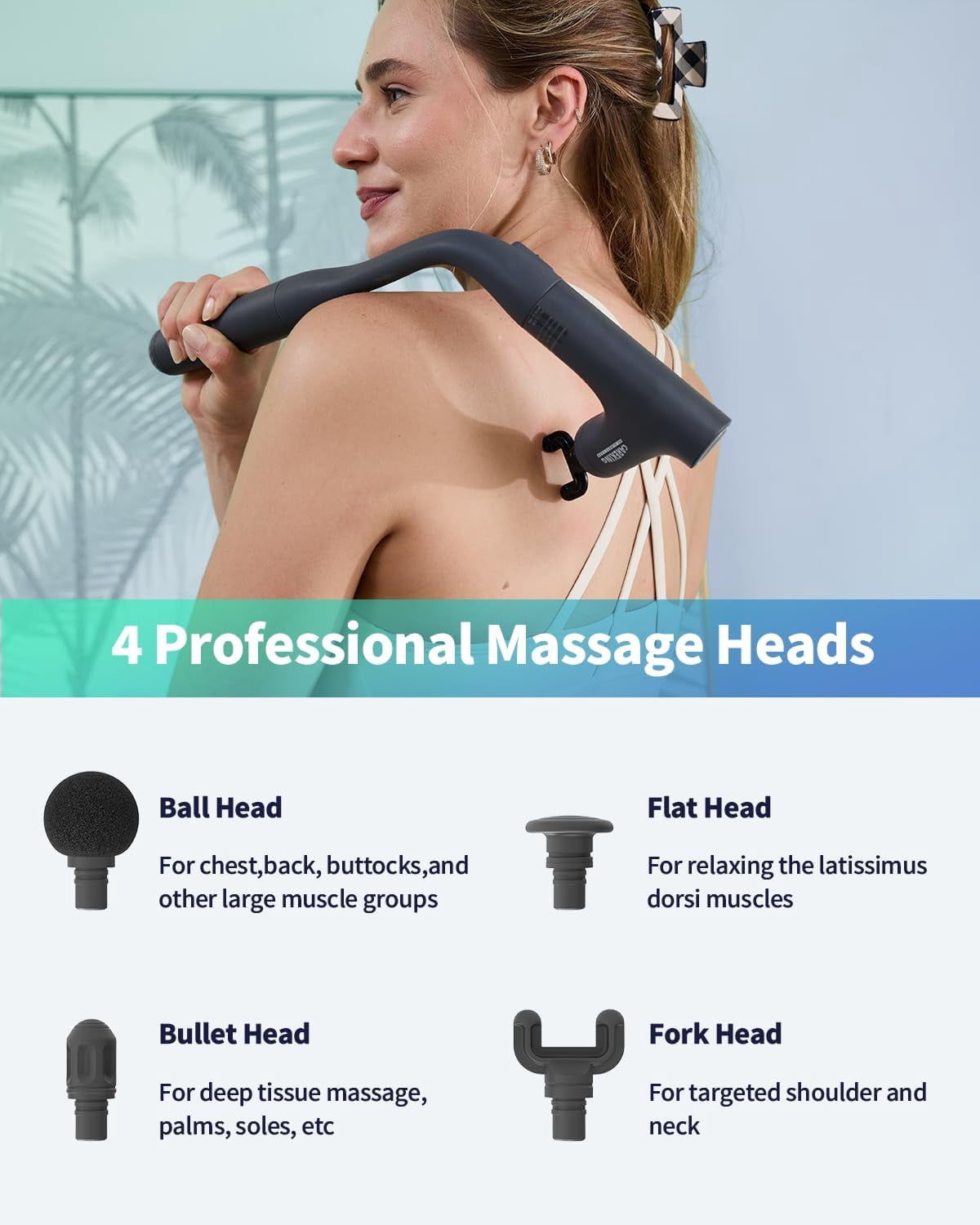 3-in-1 Detachable Massage Gun Deep Tissue, Ergonomic Extension Handle Back Massager for Pain Relief