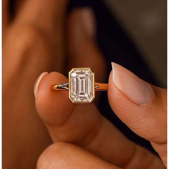 vylahjewellery 10K Vermeil Yellow Gold Solitaire Engagement Ring Bezel Emerald Diamond Anniversary Ring Moissanite Birthday Gift Ring