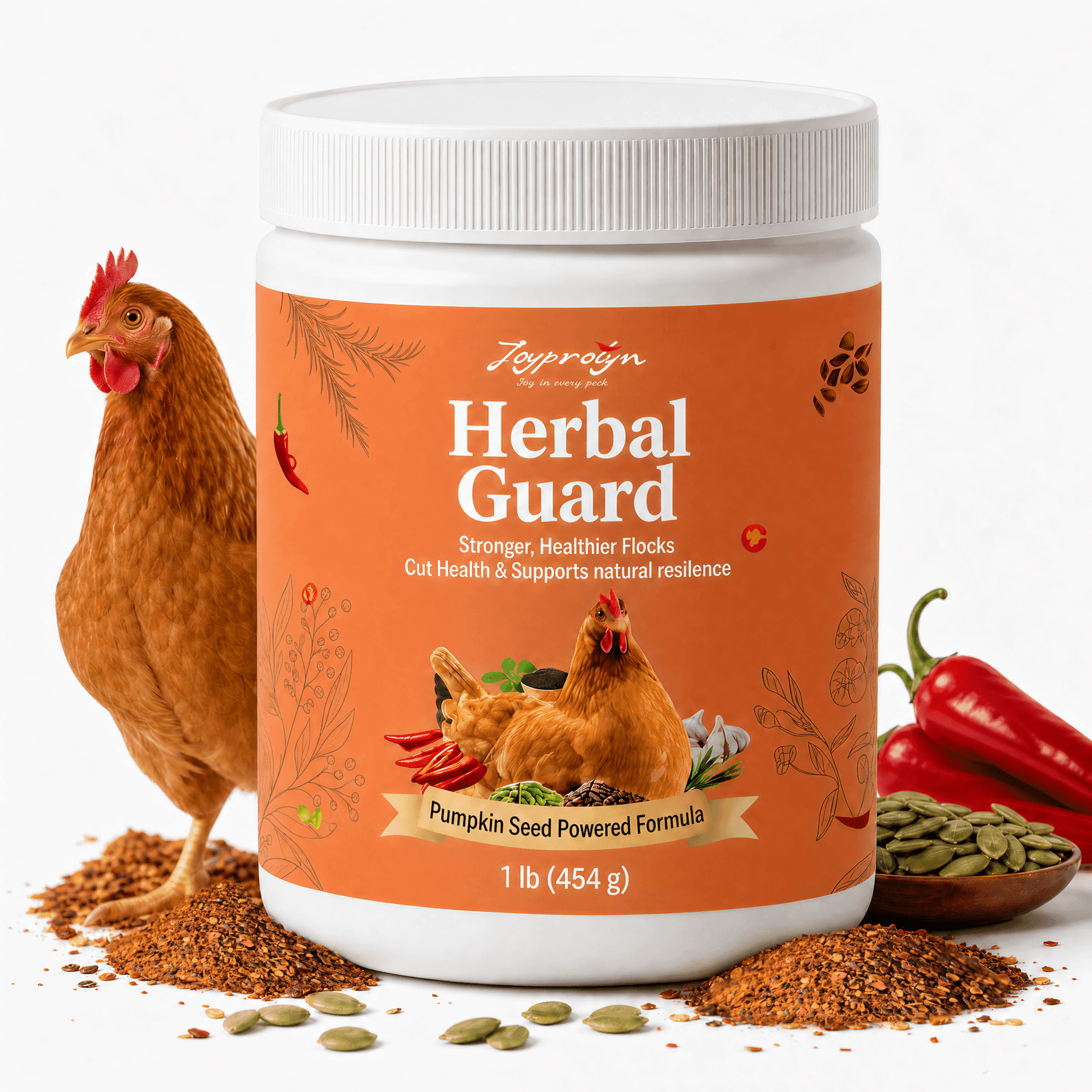 Joyprotyn Herbal Guard Chicken Feed Topper, 1 lb Jar, Herbal Chili Mix Powder for Backyard Chickens, Pumpkin Seed Formula with Garlic, Oregano, Black Pepper & Flaxseed