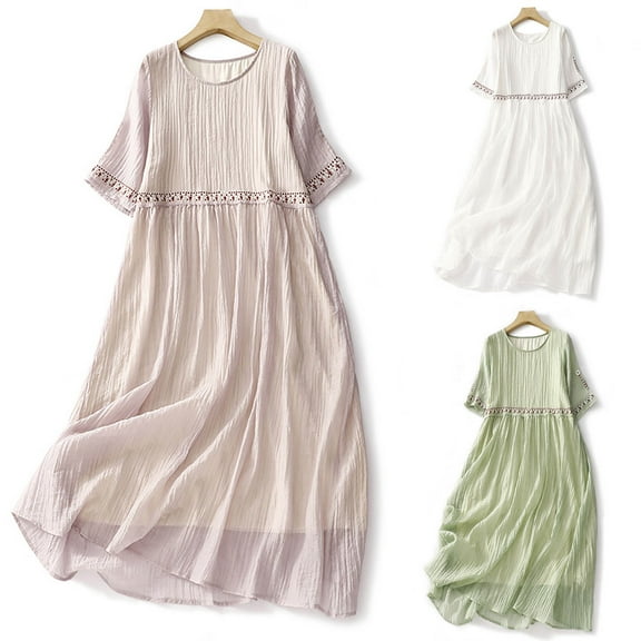 Ahuyic Printed Solid Color Plus Size Dress For Women, Summer Womens' Short Sleeve Knee-Length Dresses,Summer Ladies' Short-Sleeved Embroidered Dress Short-Sleeved Round-Neck Dress