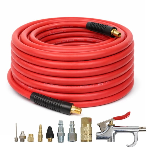 DYNAMIC POWER 3/8-in x 50-ft Premium Rubber Air Hose with 10-Piece Accessory Kit, 300 PSI Max Working Pressure, 1/4" NPT Solid Brass Fittings, Kink Resistant, All-Weather Flexible, Red