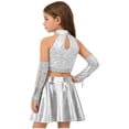 thumbnail image 2 of YiZYiF Girls 4pcs Jazz Dance Set Sequins Crop Top with Ruffle Skirt & Gloves Shiny Latin Cha Cha Dance Outfits Silver 6, 2 of 8