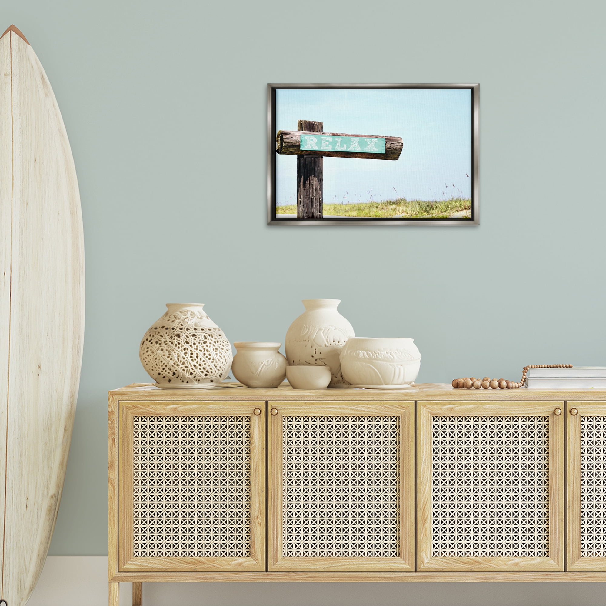 Stupell Industries Relax Sign on Beach Landscape Photography Gray Floater Framed Canvas Art Print Wall Art, 25 x 17