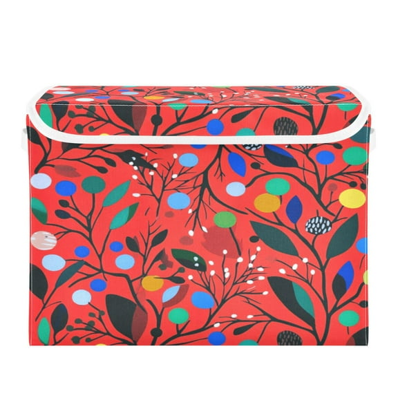 Storage Box With Lid 16.5x12.6x11.8In Foldable Stacked Household Storage Box Red Christmas Leaves