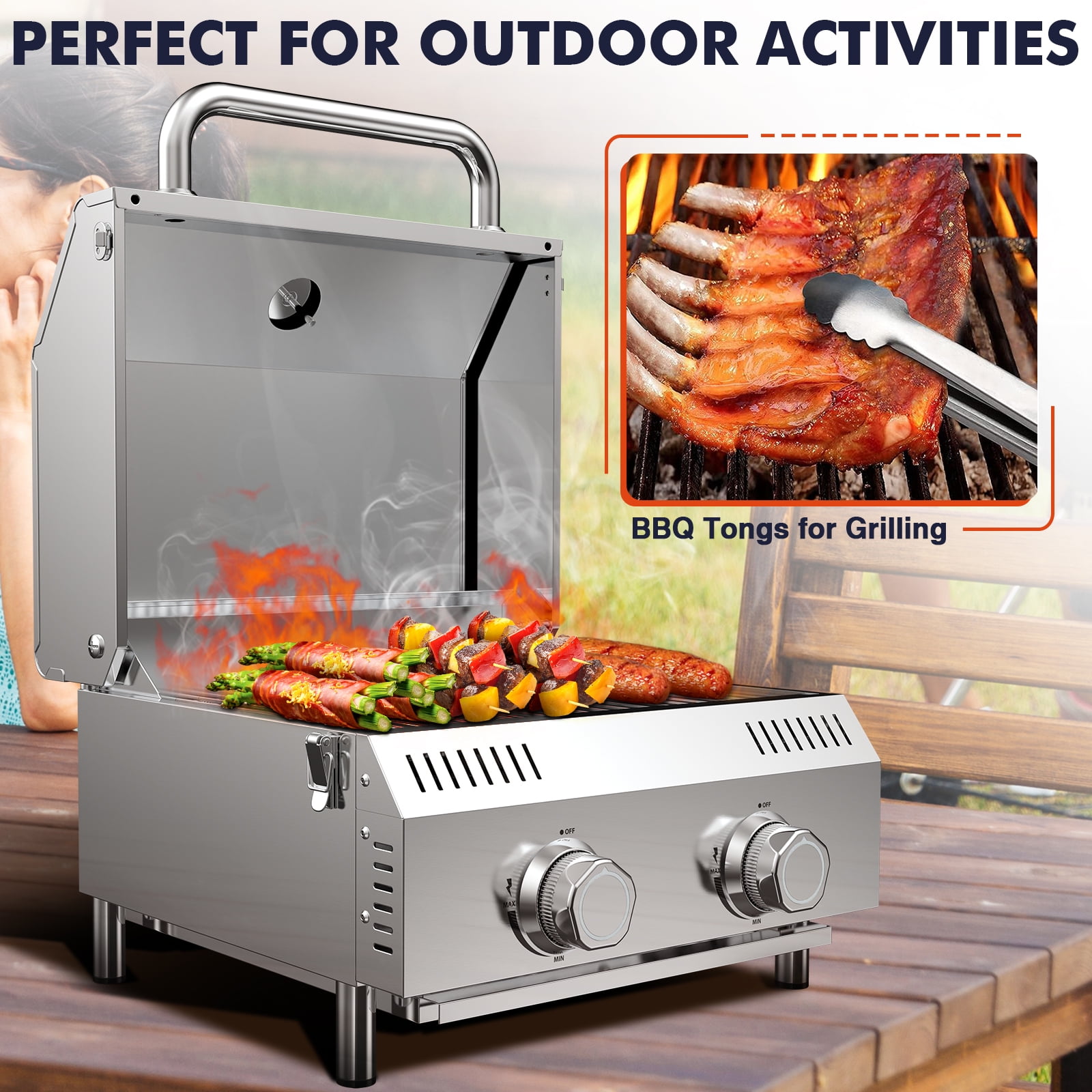 Frizi Portable 2-Burner Tabletop Propane Grill for Patio, 20,000 BTU, Stainless Steel, Camping & Tailgating
