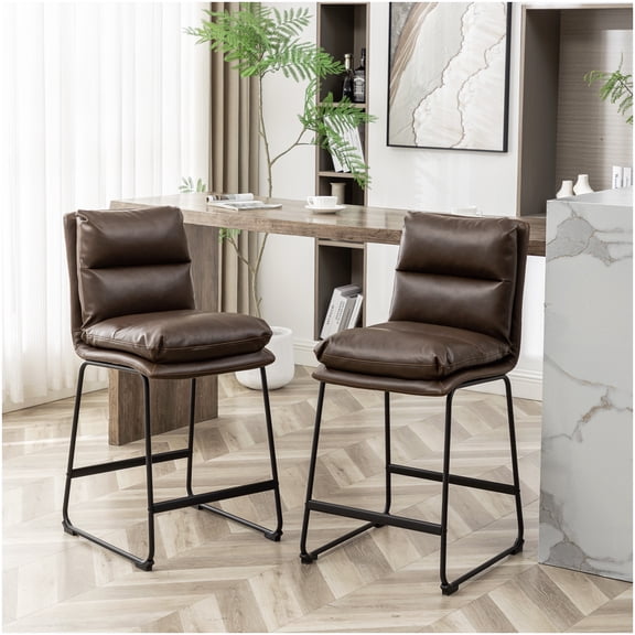 Set of 2 Antique Brown Counter Stools with Upholstered Back, Faux Leather Bar Height Stools