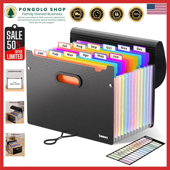 12 Pocket Expanding File Folders Accordion File Organizer Storage Box Portable