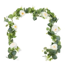 Artificial Eucalyptus Garland with White Roses - Fake Floral Greenery for Wedding,Party,Valentine's Day Decor,and Spring Home Table Decor