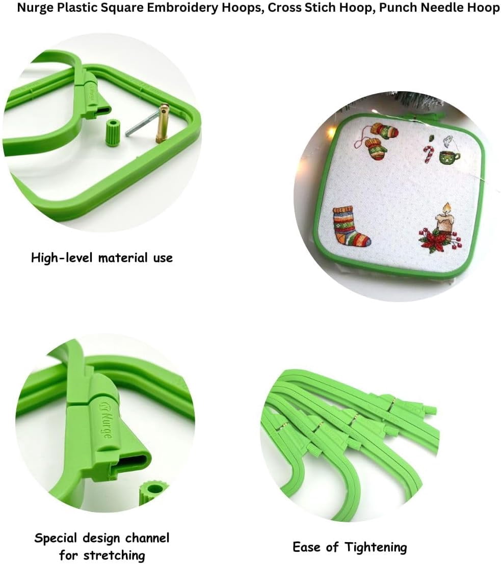 Nurge 4-Piece Square Cross Stitch Hoop Set, ABS Plastic, Multi-Size, Green