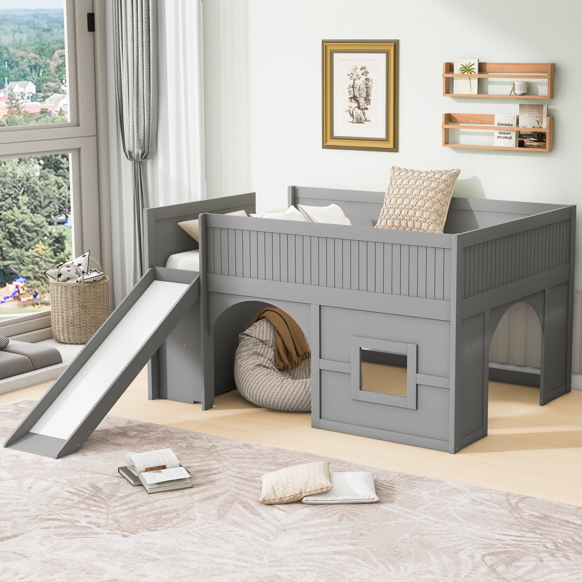 Euroco Full Size Loft Bed with Shelves and Ladder, Low Profile Wood Bed with Door and Window Design, Gray