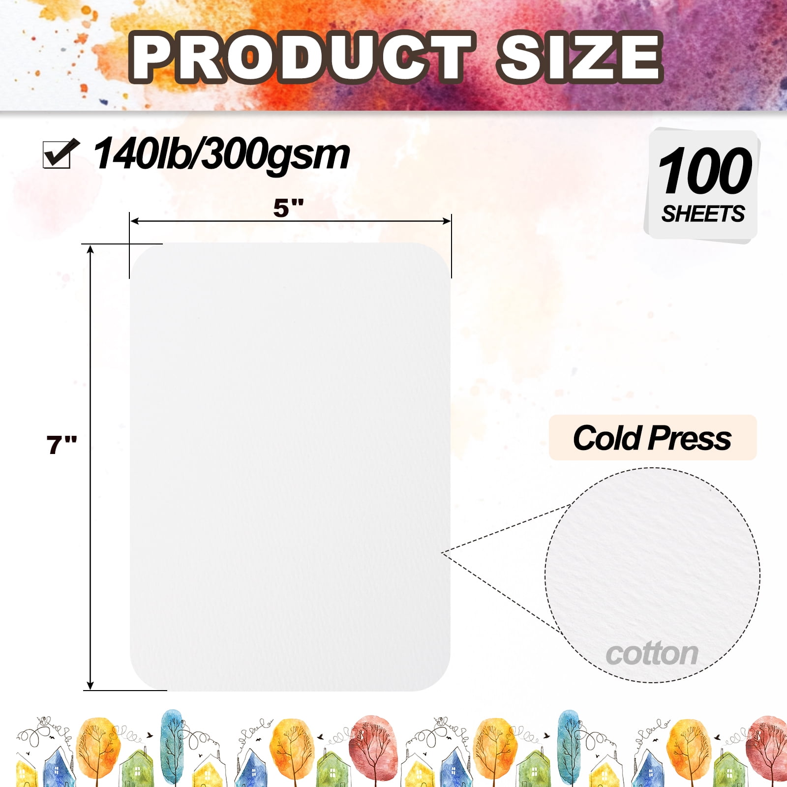 Uxcell 100 Sheets Cotton Watercolor Paper 300 GSM Paint Paper Round Corner 5x7 Inch