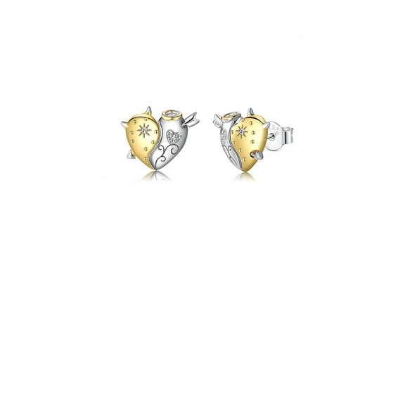 925 Sterling Silver Simple and Personalized Two-tone Heart-shaped Stud Earrings with Cubic Zirconia