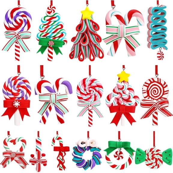 Christmas Lollipop Ornaments - 16Pcs Colorful Mini Candy Cane Hanging Decorations, Polymer Clay Peppermint Pendants for Tree Decor