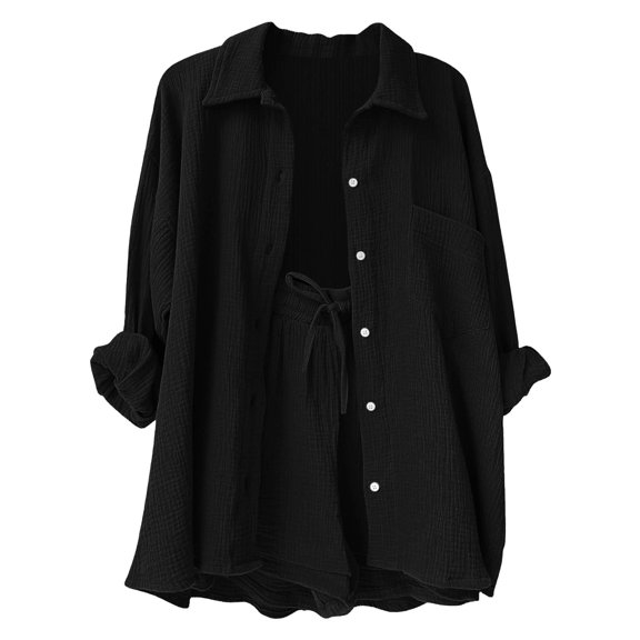 FAVIPT Outfits for Kids 2 Piece Sets Summer Long Sleeve Collared Button Shirts Drawstring Short Pants Casual Solid Sets Black,7 Years