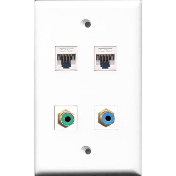 RiteAV - 1 Port RCA Green and 1 Port RCA Blue 2 Port Cat5e Ethernet White Wall Plate