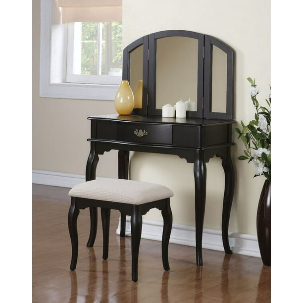 Bobkona Jaden 3 fold Mirror Vanity Table with Stool Set in Black