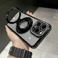 thumbnail image 4 of Rhinestone Glitter Plated Bling Luxury Phone Case with Holder Stand for Women,Stylish Apple iPhone Case Compatible with Magsafe,iPhone 15 Pro Max Case(Black), 4 of 8