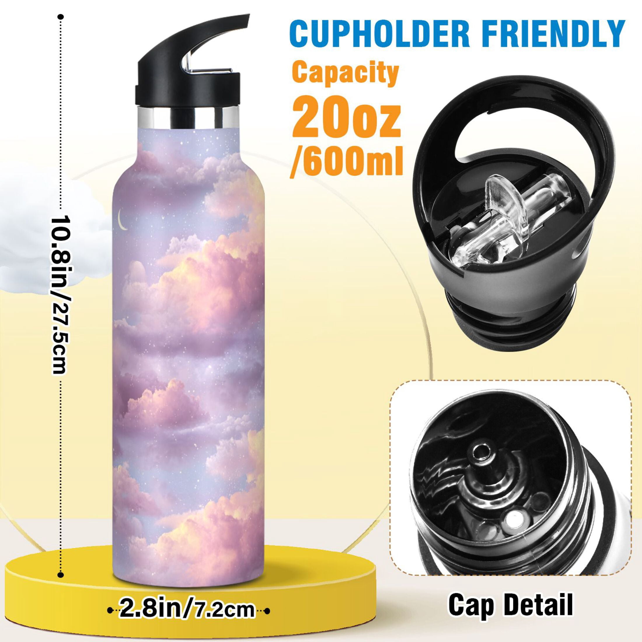 600ML Stainless Steel Insulated Cup Sports Water Bottle Portable Thermos Cup Water Glasses Insulated Tumblers Convenient and Durable Beautiful Purple Sky