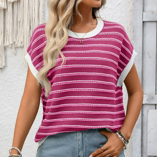 Tejiojio Women's Casual Striped T-shirt Round Neck Pullover Short Sleeve Top S-2XL