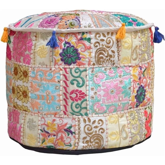 YANTONG Indian Pouf Footstool Ethnic Embroidered Pouf Cover - Cotton Round Pouffe Ottoman - Beige, 22x14