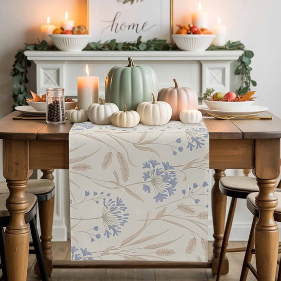 Light Purple Flower Cotton Linen Table Runner, Washable Table Runners for Kitchen, Dining Room, Holiday, Home Party Table Decor, 13x36 Inches