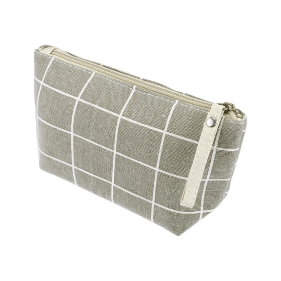 1 Pc Women Durable Lattice Small Cosmetic Bag for Travel Vacation Bathing Gray Canvas