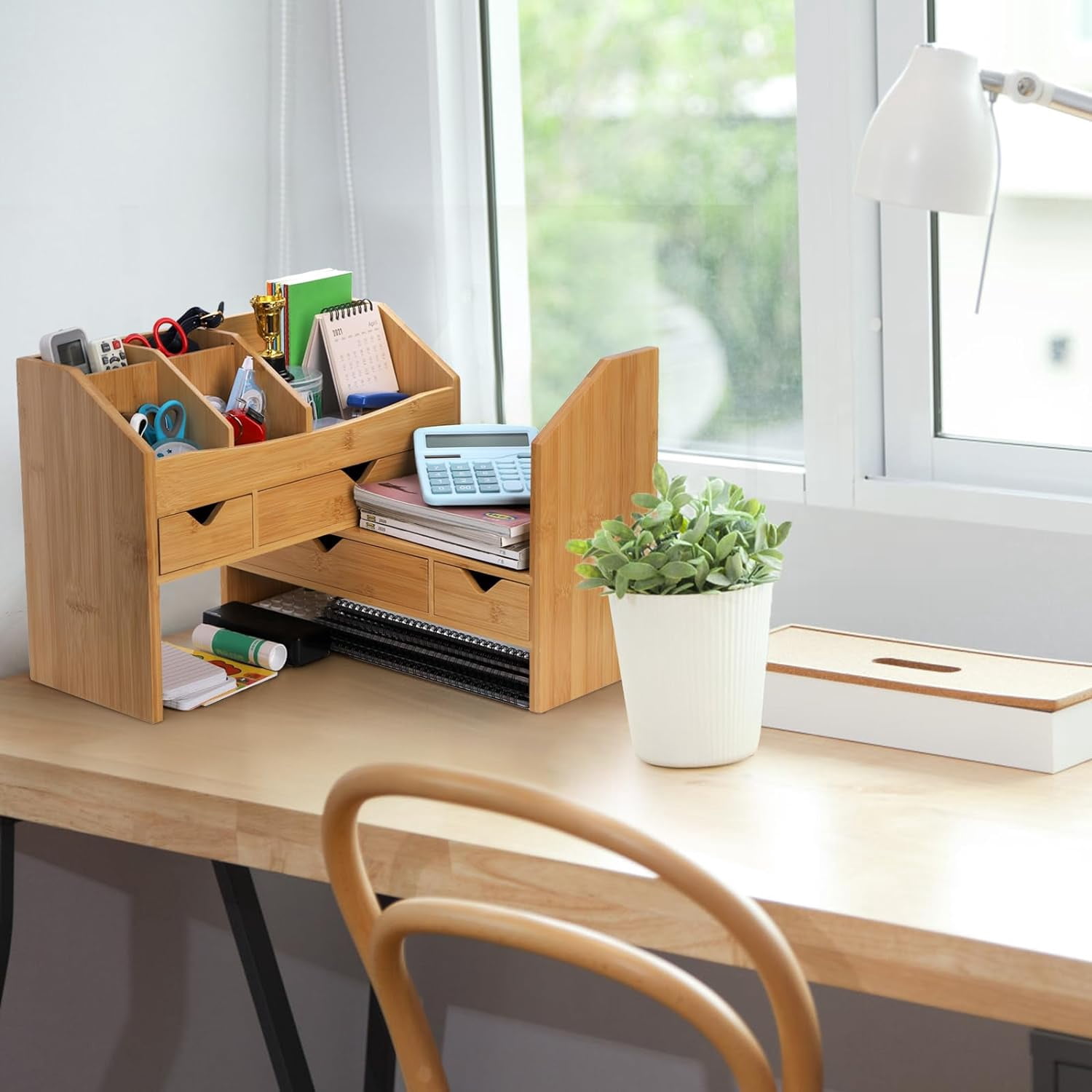 Bamboo Desk Organizer with Adjustable File Holder, Mini Desk Drawer Tabletop Organization Box with 4 Drawers for Makeup, Letter, Pens, Home Office Supplies, Vanity, 3 Layer, Fully Assembled
