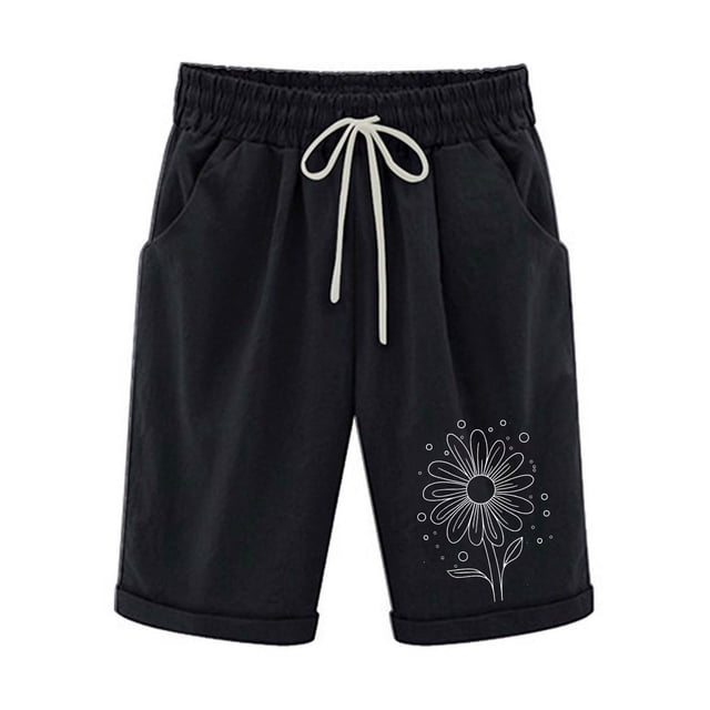 Pantalones Cortos de Verano para las Mujeres de Cintura Alta Estampado Elástico Cordón de Cintura, Casual Bolsillos Pantalones de Pijama