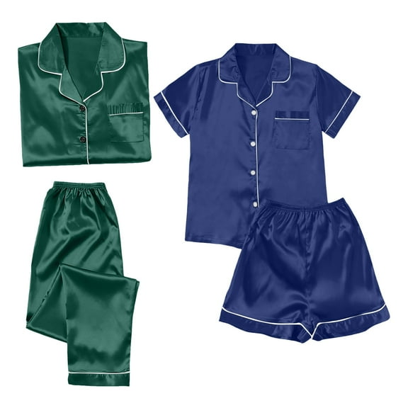 Couples Pajamas Sets Women & Men Satin Short Sleeve Sleepwear Button Down Loungewear Pjs Set with Pants