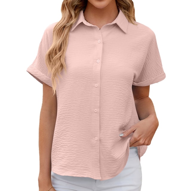 Bellella Chemises pour Femmes Hauts Boutonnés Blouse à Col à Revers Décontractée à Manches Courtes Chemise en Chiffon Tunique pour Femme Rose G