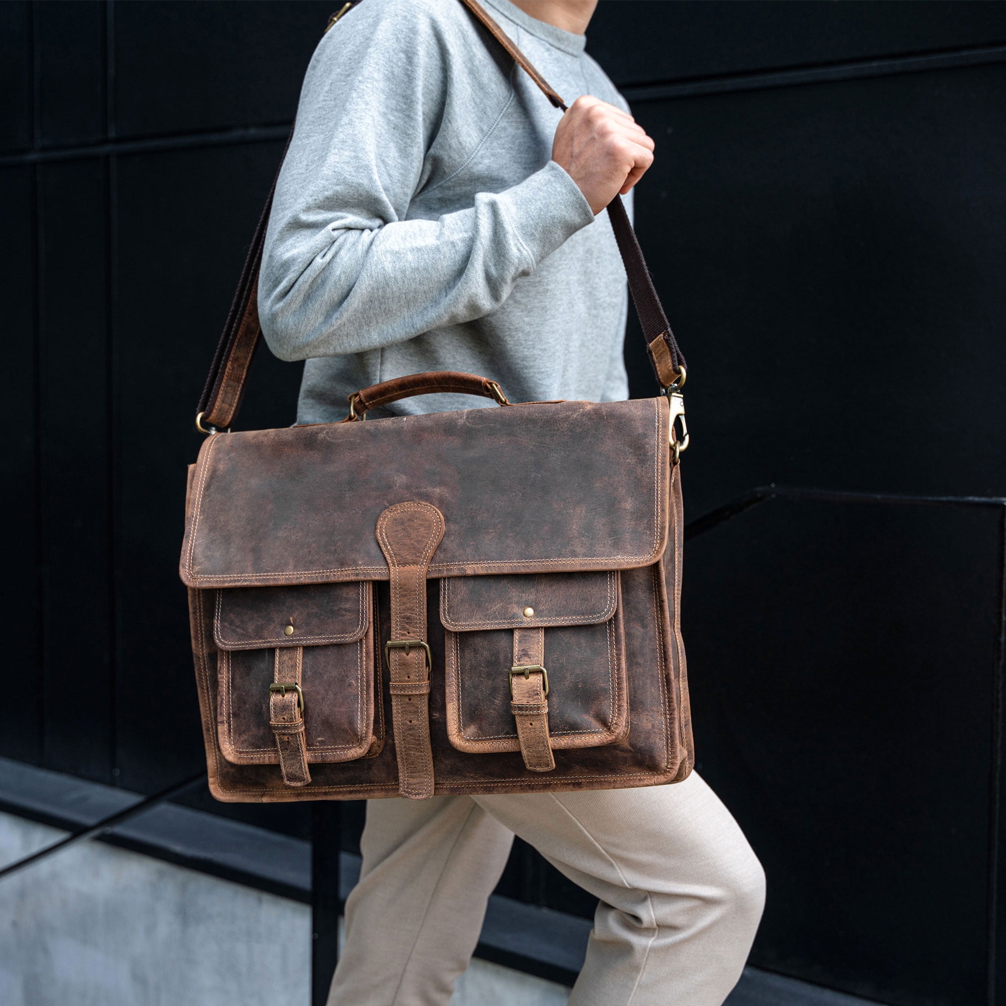 18-Inch Leather Laptop Messenger Bag for Men & Women – Vintage Office Briefcase Satchel with Shoulder Strap for Work & Travel
