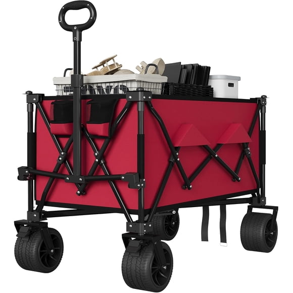 35in Foldable Beach Wagon 350 LB Capacity All-Terrain Collapsible Cart with Cup Holders Heavy Duty for Camping Sand Gravel and Grass Red