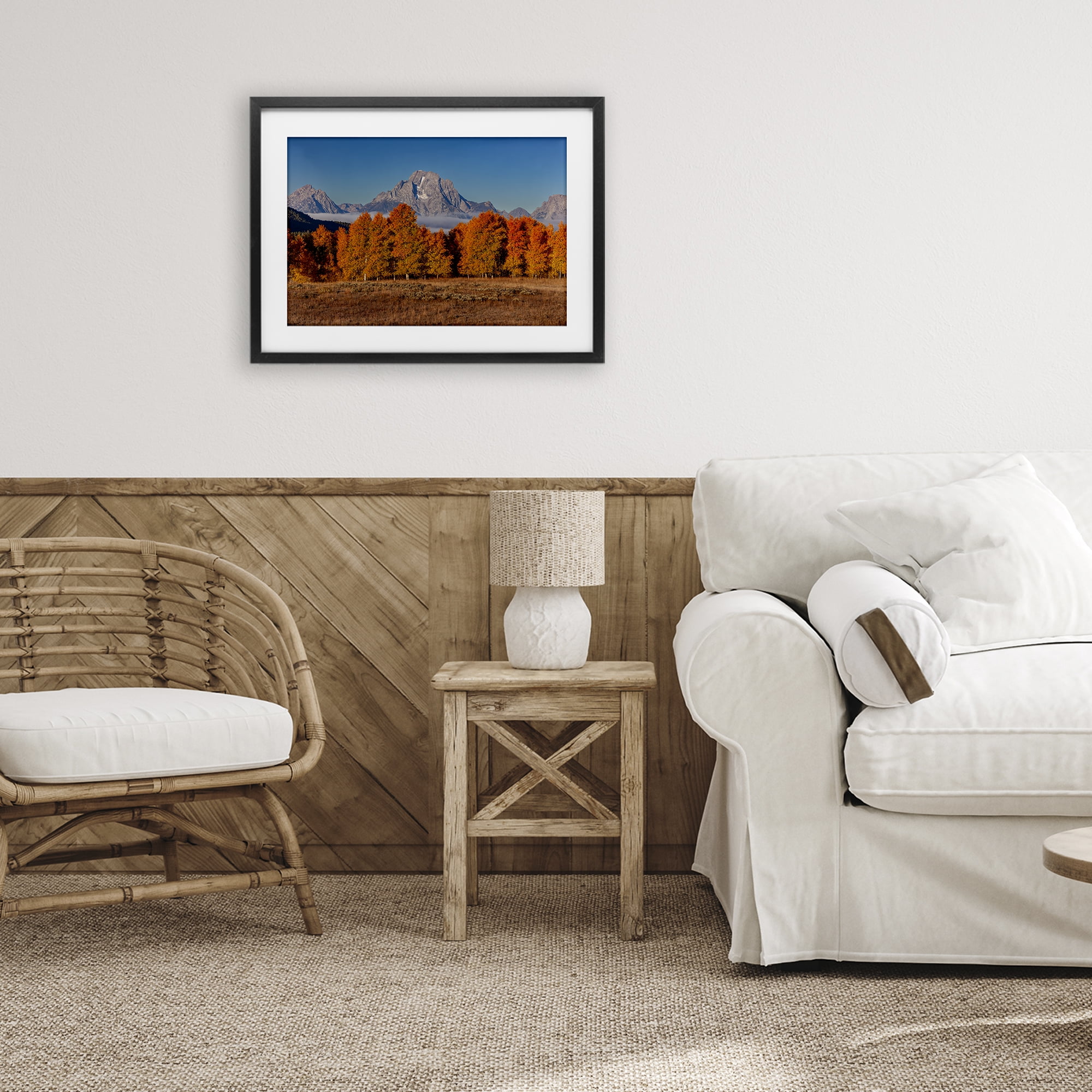 Autumn Tree Line With Mountain Black Framed Print Under Glass, design by Shelley Carlisle
