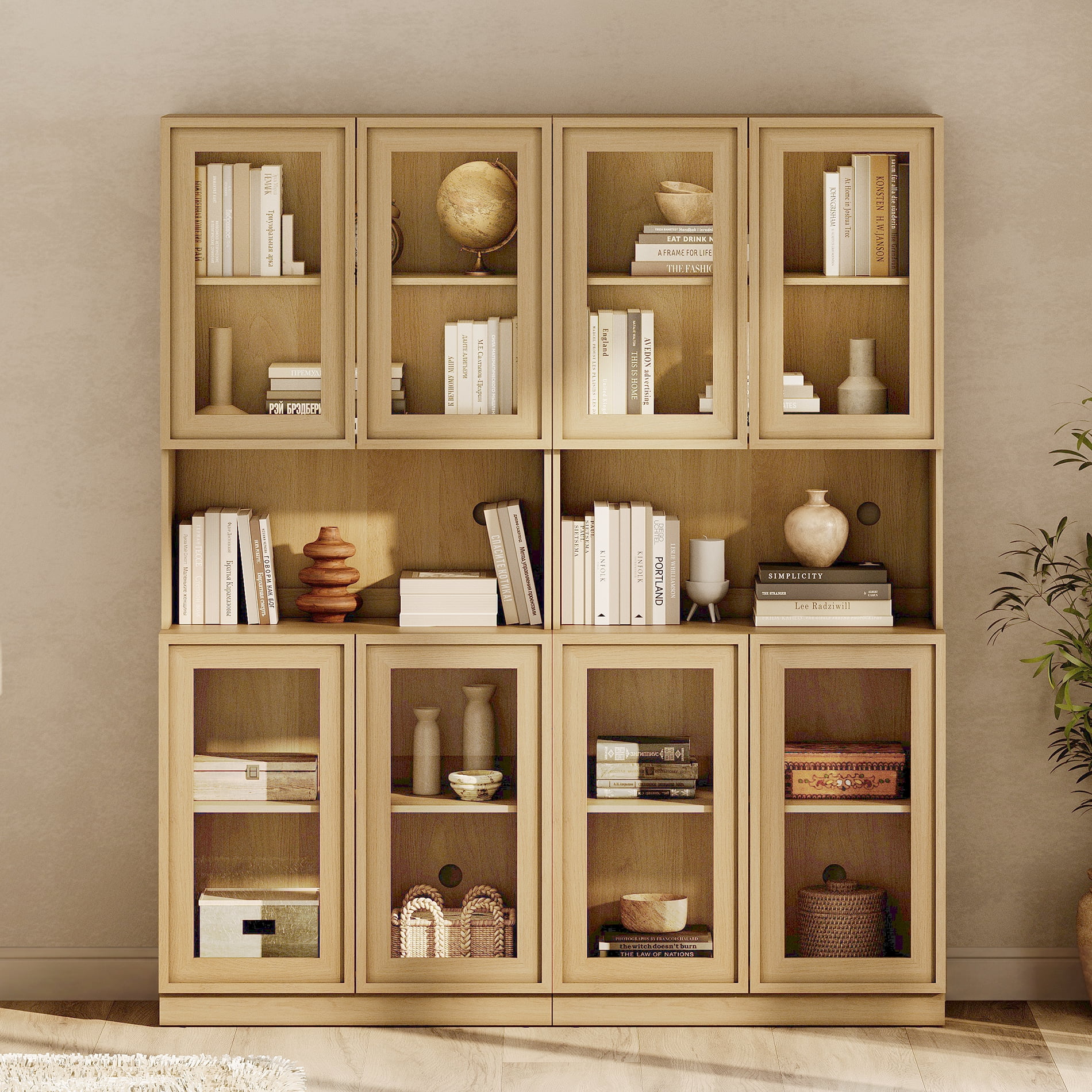 Modern 72" Tall Bookshelf with Glass Doors & Adjustable Shelves, Library Bookcase with Cabinet and Glass Display Shelves,Oak