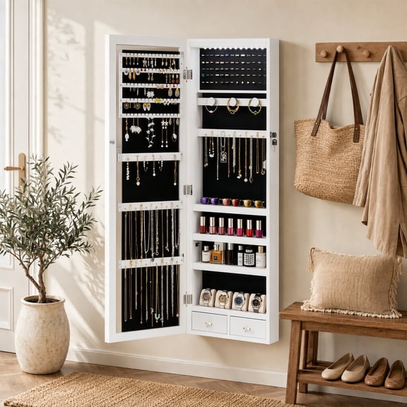 Kelno 47" Jewelry Armoire with HD Mirror LED Lights Wall/Door Mounted Jewelry Organizer Cabinet, White