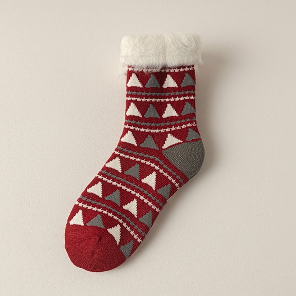 Festive Elk & Christmas Tree Printed Thick Knit Socks for Unisex Adults, Fleece Lined Cuff Thermal Lounge Socks, Breathable Warm Indoor Sleep Socks for Daily Home Wearing
