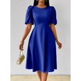thumbnail image 3 of Royal Blue Womens Fit And Flare Dress With Round Neck And Puff Sleeves, 3 of 7