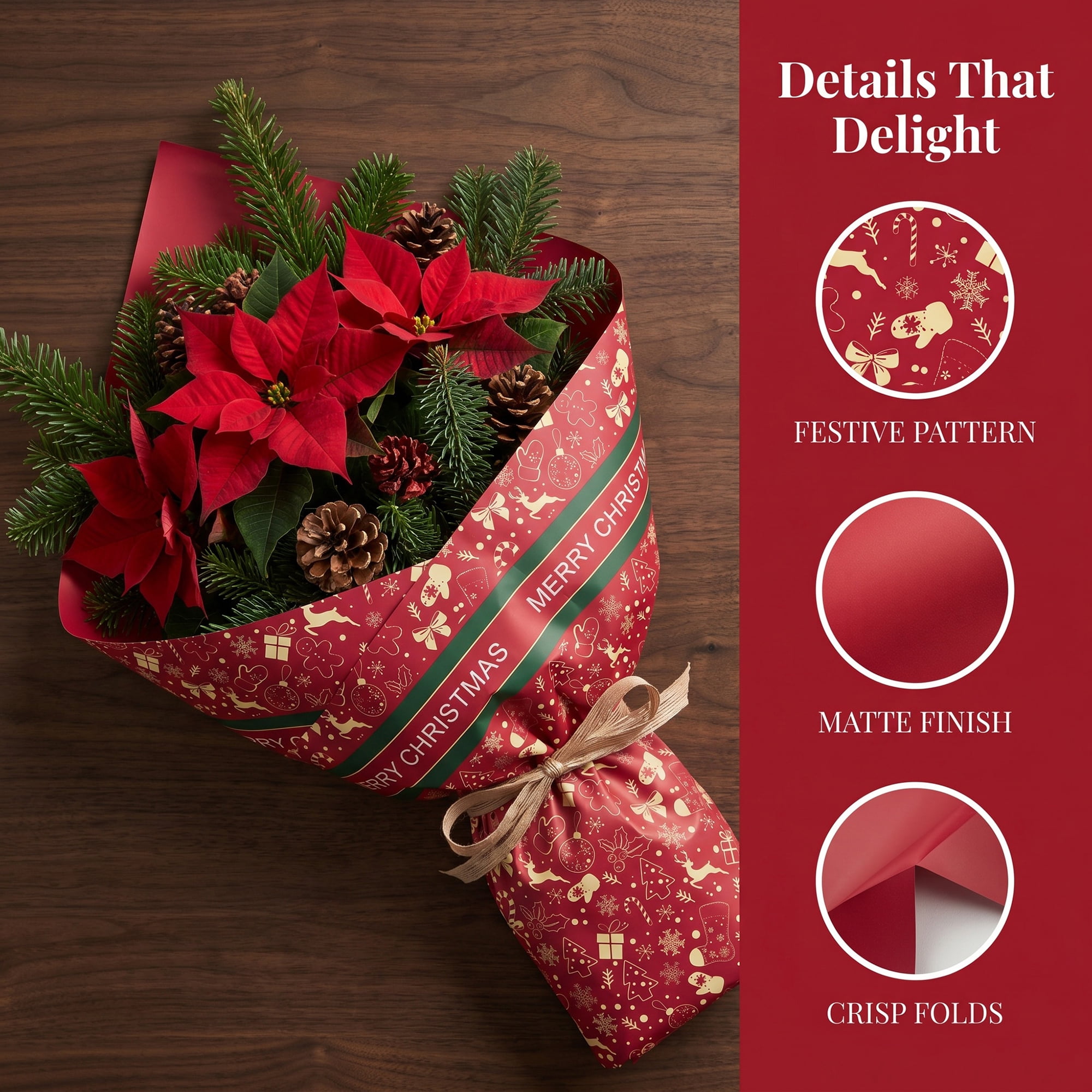 Unique Bargains Waterproof Matte Gift Wrap Paper for Bouquets Red Christmas 22"x 22"