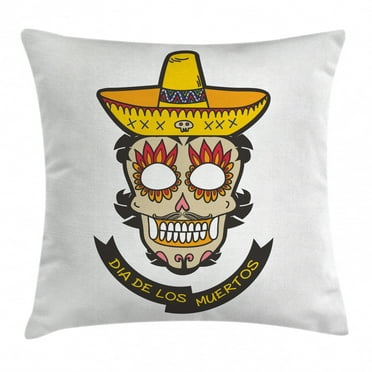 Day Of The Dead Decor Throw Pillow Cushion Cover, Colorful Skull with Sombrero and Moustache and Fire Eyes, Decorative Square Accent Pillow Case, 18 X 18 Inches, White Ivory and Yellow, by Ambesonne