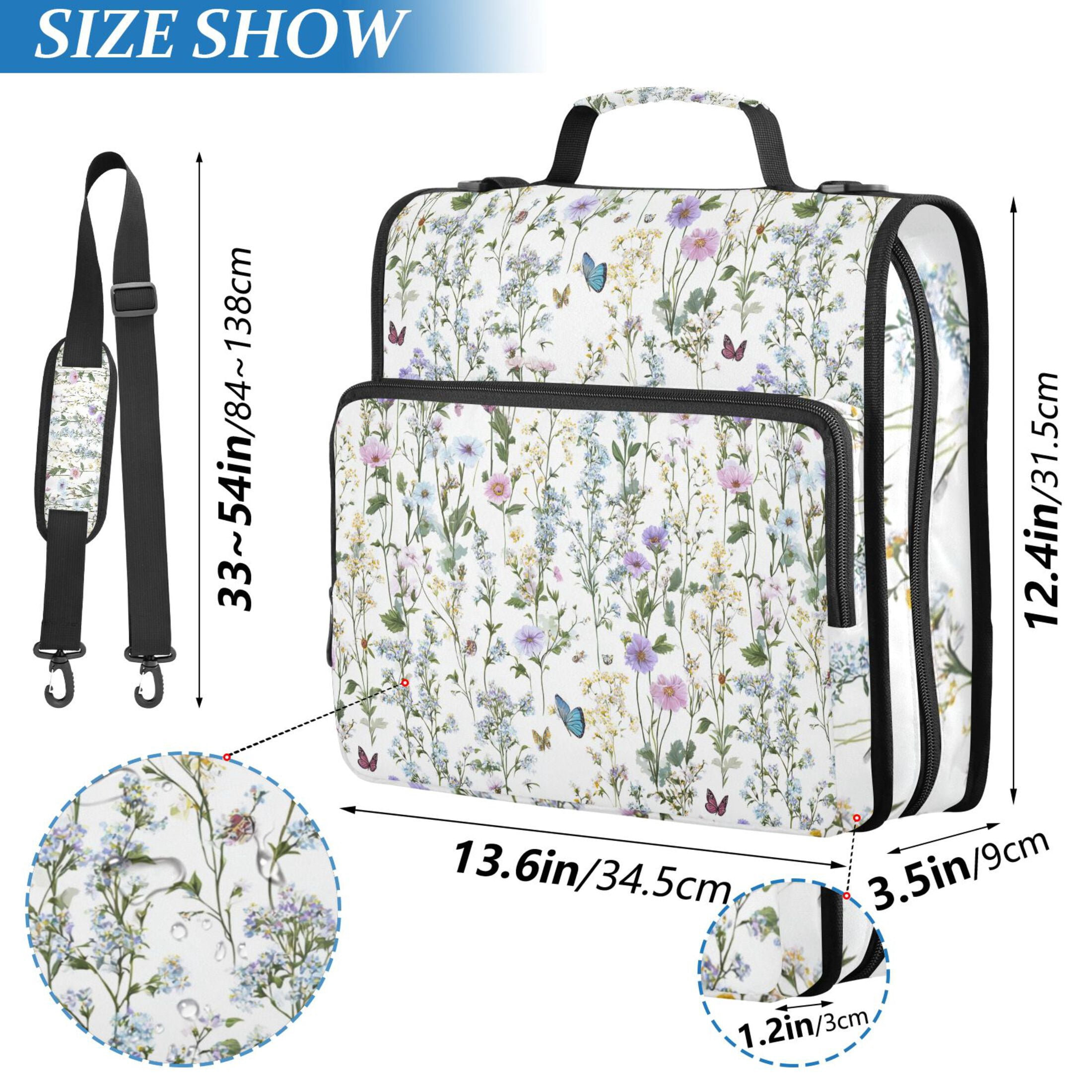 Zipper Binder Flowers and Butterflies 1.5 Inch Binder Folder Bag with Shoulder Strap and Handle