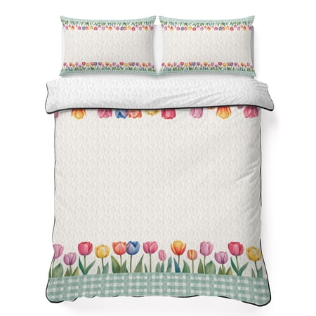 Spring Floral Full Quilt Bedding Set Watercolor Flower Green Leave Green Plaid Frame Lightweight Comforter with 2 Pillow Shams Bedroom Bedspread Set Home Decor for All Seasons
