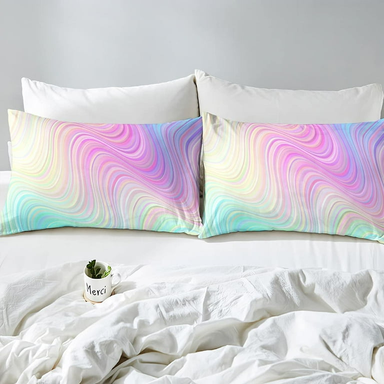 Girls Duvet Cover Queen Pastel Rainbow Stripes Marble Comforter Cover For Kids Room Decor Bright Girly Turquoise Blue Pink And Purple Pastel Trendy Bedding Set For Women Teens Tie Dye 2 Pillow