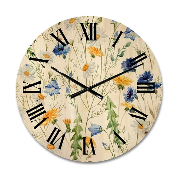 Designart 'Wildflowers Clover Bell and Chamomile II' Traditional Wood Wall Clock
