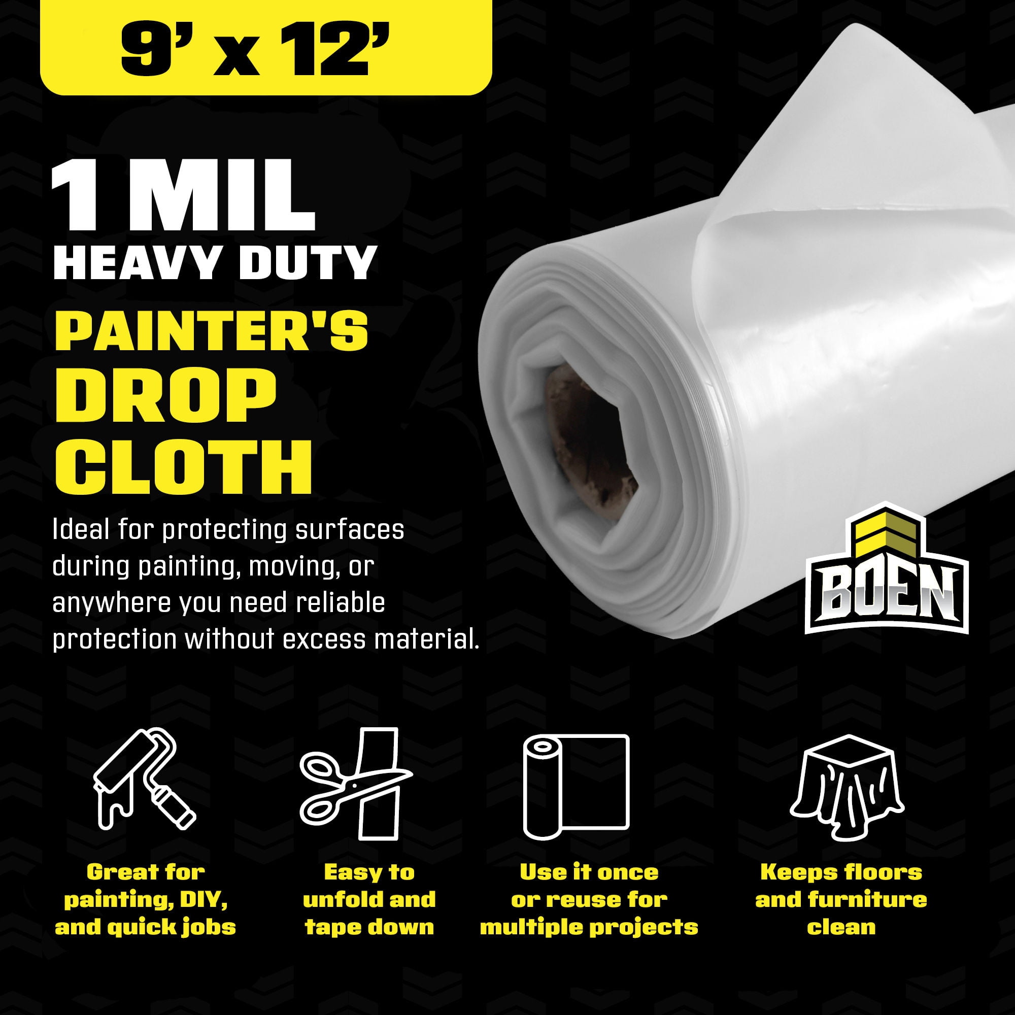 BOEN 9x12 Plastic Drop Cloth – 24-pack 1 Mil Painters Plastic Sheeting Roll – Waterproof Disposable Tarp for Painting, Furniture, Dust Protection & Window Insulation – Contractor-Grade Bulk Case